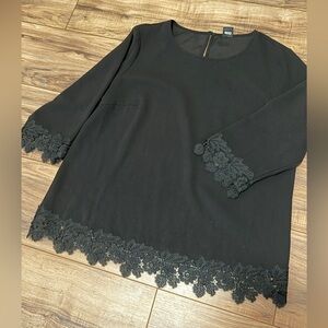 Woman’s S. Oliver Black Label Elegant Black Lace Trim blouse. Size 12 US.
